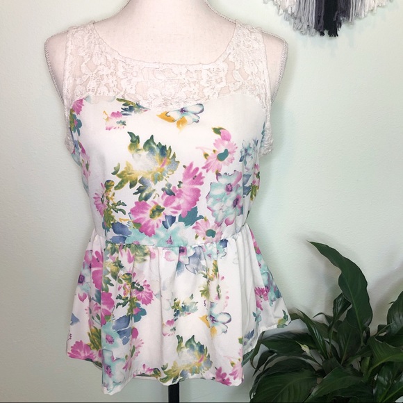 Paper Crane Tops - Paper Crane Lace Floral Peplum Tank Top M